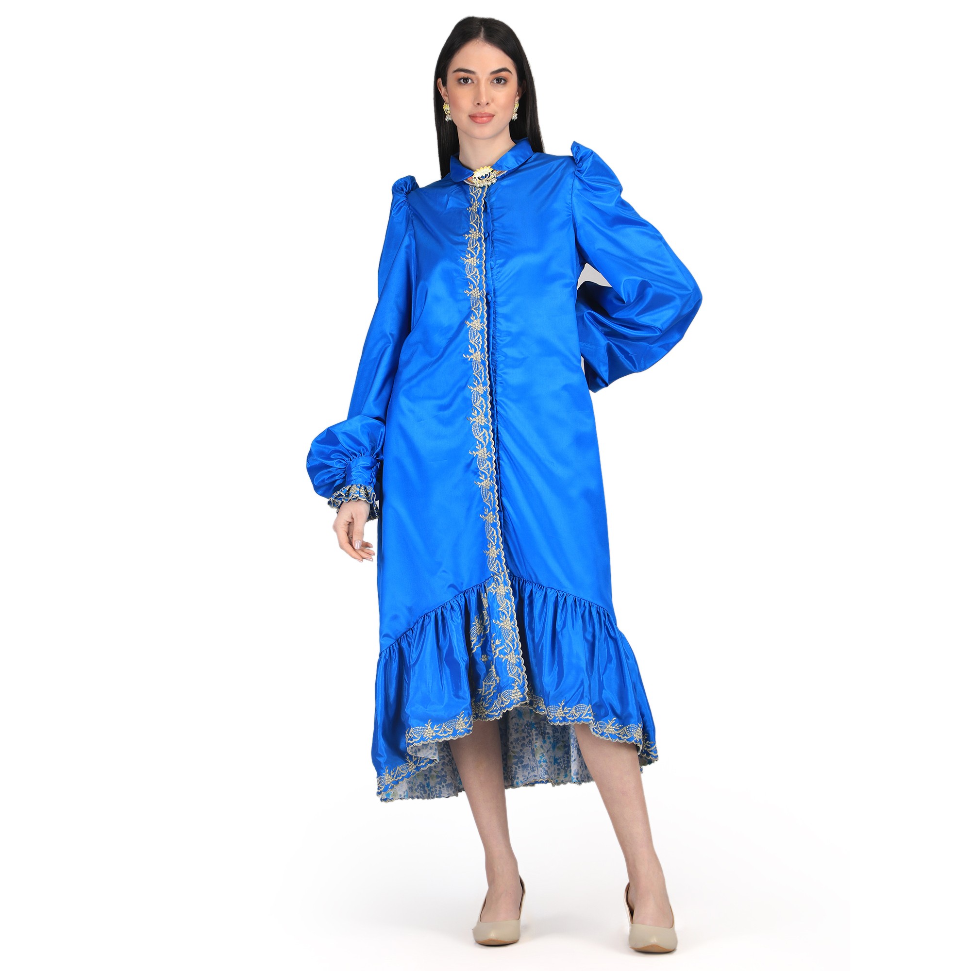 Blue Victorian Gathered hem Shift Button Down Dress