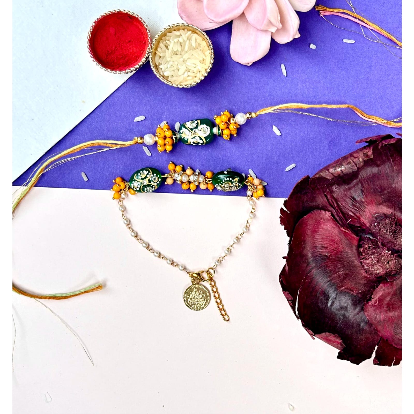 Dark Green Tumble bead Chain Bracket Rakhi