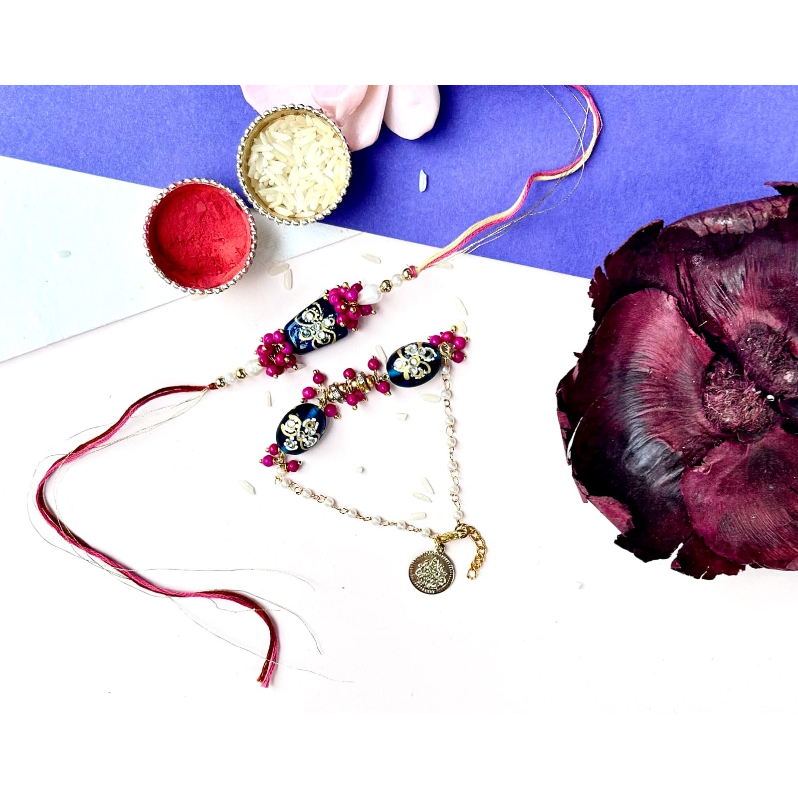 Dark Blue Tumble bead Pearl Chain Rakhi Pair
