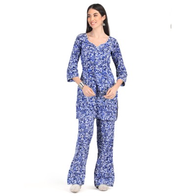 Women Blue and White Flower Short Kurta and Pant Set — handmade in India by Paws & Feet