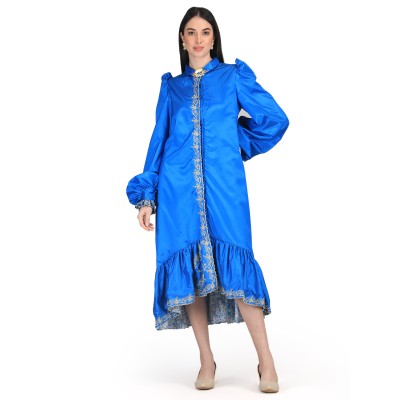 Blue Victorian Gathered hem Shift Button Down Dress — handmade in India by Paws & Feet