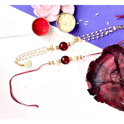Royal Mahroon Pearl Bhaiya-Bhabhi Rakhi Set — handmade in India by Paws & Feet