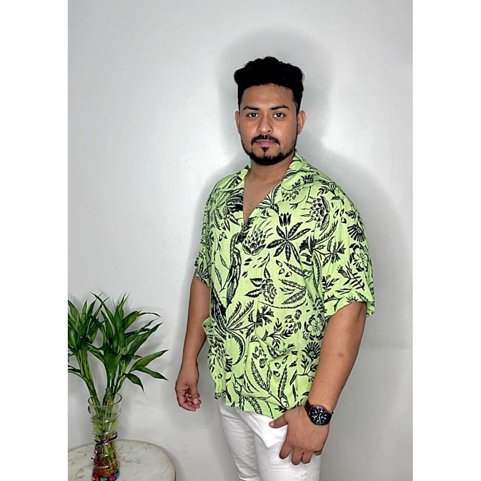 Tropical Print Pastel Green Cuban Collar Shirt