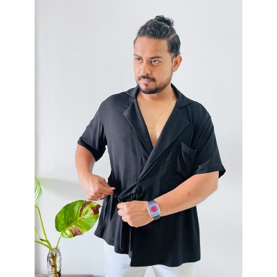Tie Knot Cuban Collar Ovelap Mens Shirt — handmade in India by Paws & Feet