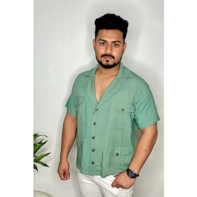 Sage Green Men's Cuban Collar Safari Shirt — handmade in India by Paws & Feet