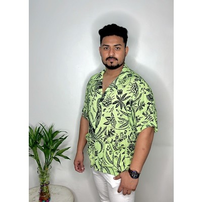 Tropical Print Pastel Green Cuban Collar Shirt — handmade in India by Paws & Feet