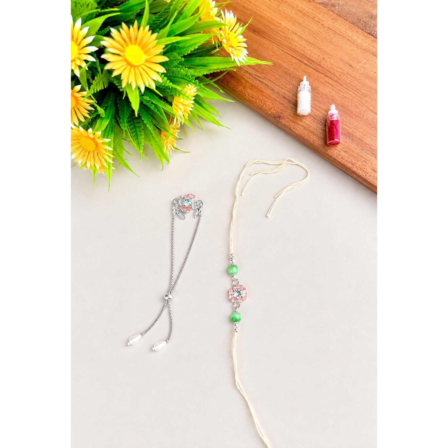 Rose Quartz Charm Bracelet & Beaded Mauli Rakhi Set