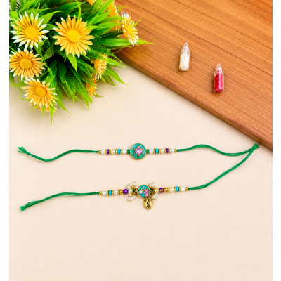 Meenakari Floral Kundan Rakhi Set (Pack of 2) - Green Thread — handmade in India by Paws & Feet